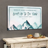 Teal mountain wall art with Psalm 61:2 verse, "When My Heart Is Overwhelmed," meaningful Christian gift.