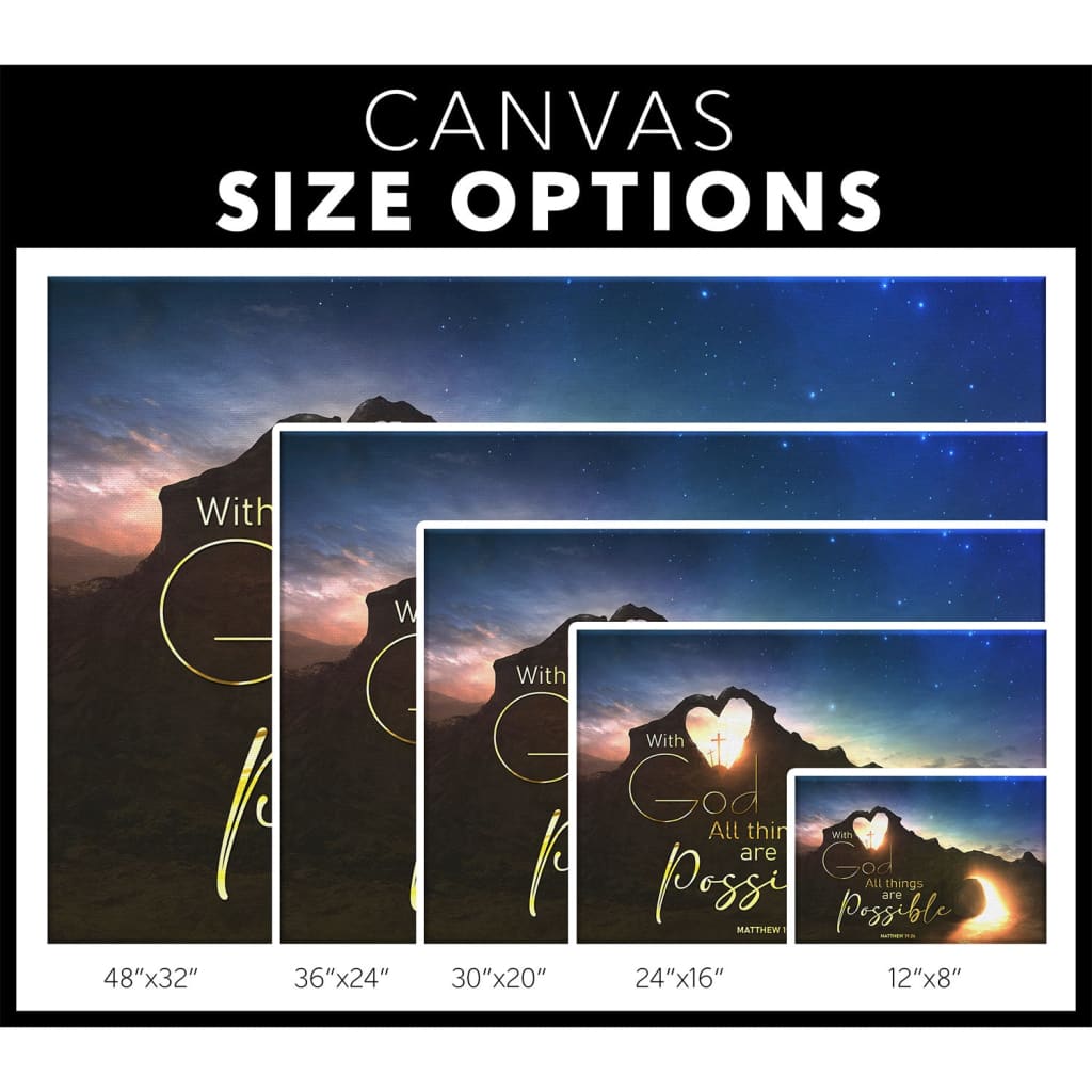 Faith-based wall art displaying Matthew 19:26, &quot;With God All Things Are Possible,&quot; and the empty tomb, great religious decor for Christian homes.