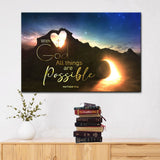 Christian wall art featuring Matthew 19:26, "With God All Things Are Possible," with the empty tomb, perfect faith-based home decor.