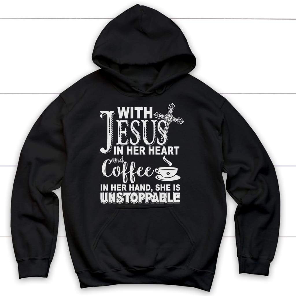 With Jesus in her heart and coffee Christian hoodie Black / S