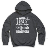 With Jesus in her heart and coffee Christian hoodie Dark Heather / S