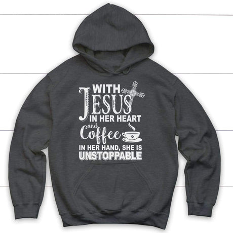With Jesus in her heart and coffee Christian hoodie Dark Heather / S