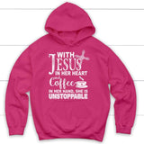 With Jesus in her heart and coffee Christian hoodie Heliconia / S