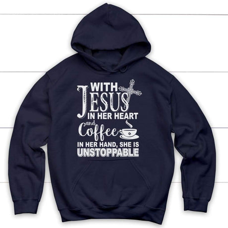 With Jesus in her heart and coffee Christian hoodie Navy / S