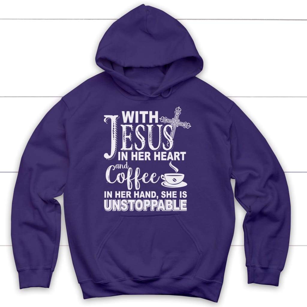 With Jesus in her heart and coffee Christian hoodie Purple / S