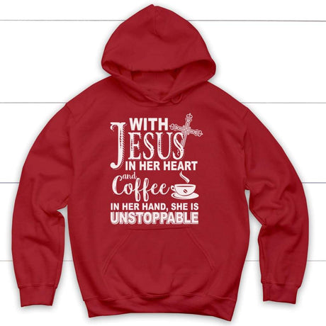 With Jesus in her heart and coffee Christian hoodie Red / S