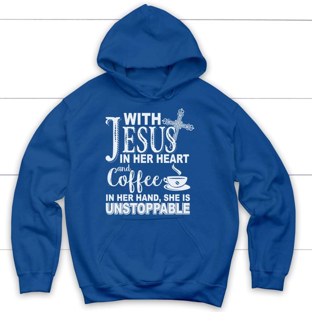 With Jesus in her heart and coffee Christian hoodie Royal / S