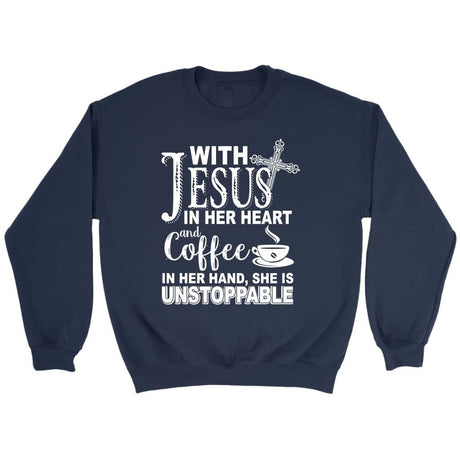 With Jesus in her heart and coffee in her hand Christian sweatshirt Navy / S