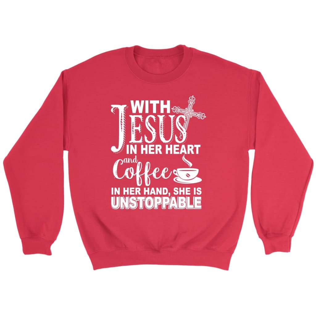 With Jesus in her heart and coffee in her hand Christian sweatshirt Red / S