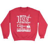 With Jesus in her heart and coffee in her hand Christian sweatshirt Red / S