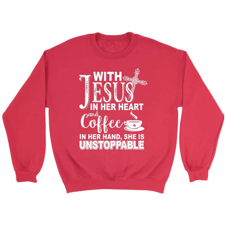 With Jesus in her heart and coffee in her hand Christian sweatshirt Red / S