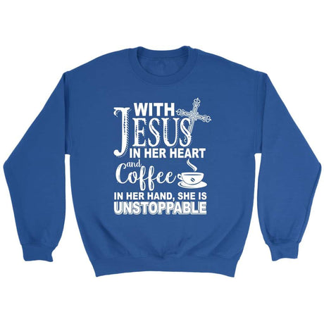 With Jesus in her heart and coffee in her hand Christian sweatshirt Royal / S