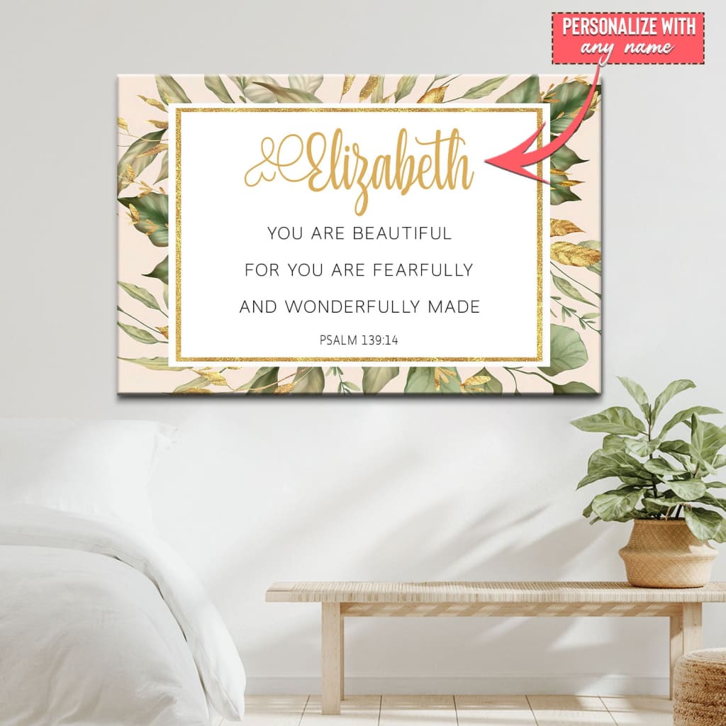 Personalized &quot;You Are Fearfully and Wonderfully Made&quot; wall art canvas with name, ideal for Christian home décor.